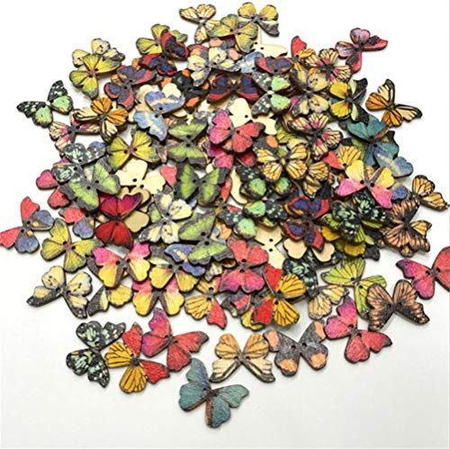 50PCS 28MM Butterfly 2Hole Niños cosiendo botones de madera para ropa Scrapbooking Crafts DIY Kid Apparel Supplies Botón de madera, Mix, 28MM