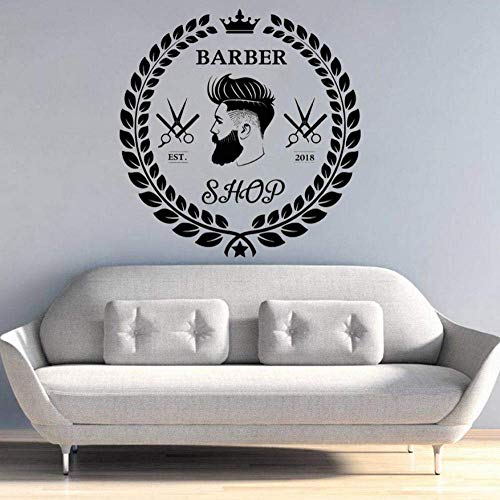 57X59Cm Vinilo Barber Shop Etiqueta De La Pared Corte De Pelo Barba Herramientas Faciales Logo Tatuajes De Pared Peluquería Murales Extraíbles Ventana De Corte De Pelo