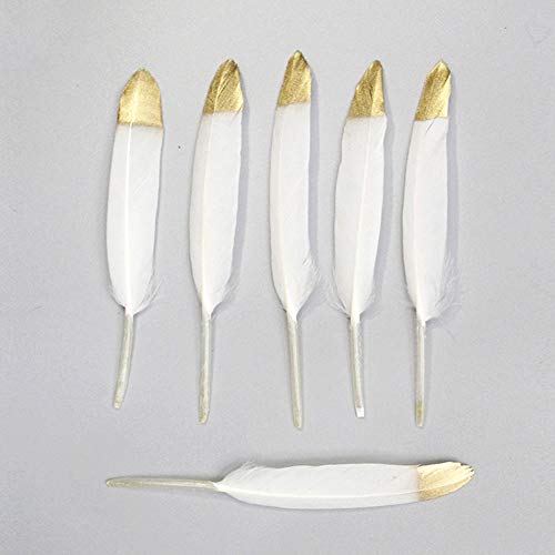 60PCS Plumas blancas naturales con punta empapada en oro,artesanía natural Plumas de ganso para disfraces, bolsos, decoración de aretes, atrapasueños bricolaje, decoraciones para fiestas en el hogar