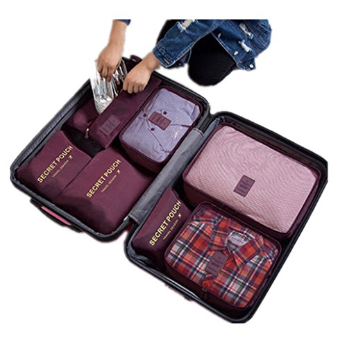 7 Set de Organizador de Equipaje, Impermeable Organizador de Maleta Bolsa para Ropa Sucia de Viaje, Material Nylon（Wine Red）