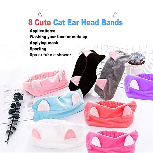 8pcs Cat Ears Headbands - Elastic Women 's Lovely Etti Hair Band, Spa Shower cara lavado Hairband Facial diadema Maquillaje Wrap Head Band lavable tela colorida adapta a todos los tamaños de cabeza