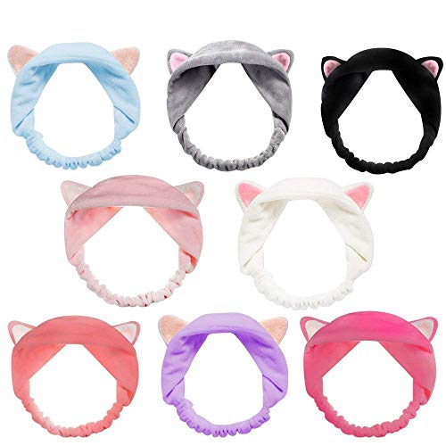 8pcs Cat Ears Headbands - Elastic Women 's Lovely Etti Hair Band, Spa Shower cara lavado Hairband Facial diadema Maquillaje Wrap Head Band lavable tela colorida adapta a todos los tamaños de cabeza