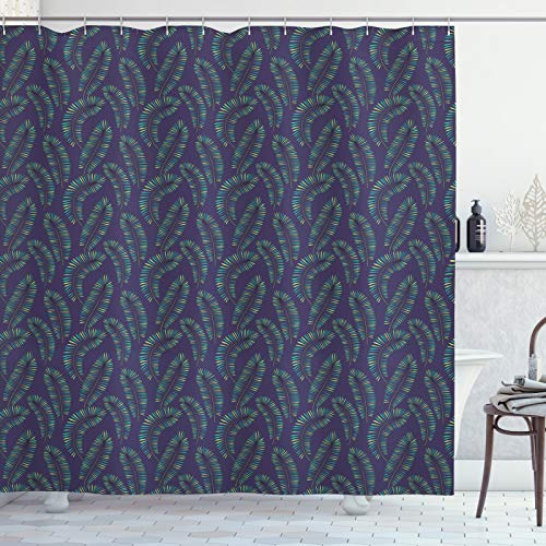 ABAKUHAUS Tropical Cortina de Baño, Patrón Botanical Eco Leaf, Material Resistente al Agua Durable Estampa Digital, 175 x 200 cm, Teal Ciruela Verde pálido