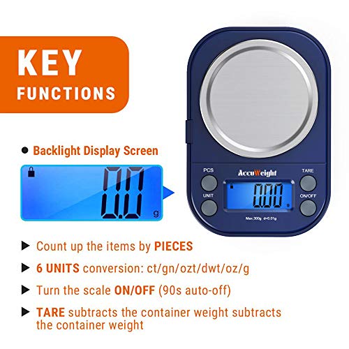 ACCUWEIGHT 255 Mini Báscula de Precisión Digitale para Joyería 300g x 0,01g Balanza de Portátiles Multifuncional con Pantalla LCD Retroiluminada, 6 Unidades, Función de Tara y Conteo (PCS)