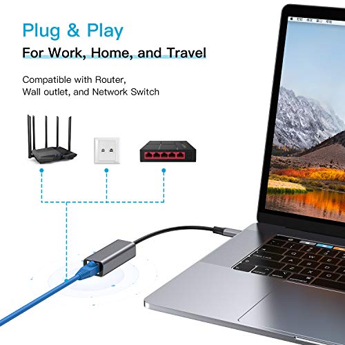 Adaptador USB C a Ethernet Hub, USB Tipo C (Thunderbolt 3) a Gigabit Ethernet RJ45 10/100/1000 Mbps Adaptador LAN Ethernet para Macbook Pro, Huawei Matebook, Samsung Galaxy y Otros