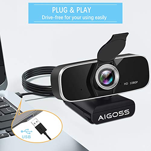 Aigoss Webcam Full HD 1080P con Micrófono Estéreo Cámara Web USB 2.0 para Videollamadas Panorámicas y Grabación Compatible con Windows, Mac y Android