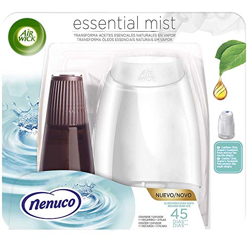 Air Wick Essential Mist - Aparato y recambio de ambientador difusor, esencia para casa con aroma a nenuco - pack de 1 aparato y 1 recambio