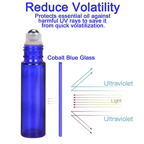 Alledomain, 10 Botellas de 10 ml de aceites Esenciales, Botellas de Vidrio Recargables de Color Azul Cobalto con Bolas de Acero Inoxidable, Incluye 1 cuentagotas y abridor