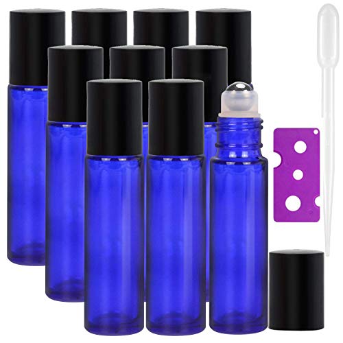 Alledomain, 10 Botellas de 10 ml de aceites Esenciales, Botellas de Vidrio Recargables de Color Azul Cobalto con Bolas de Acero Inoxidable, Incluye 1 cuentagotas y abridor