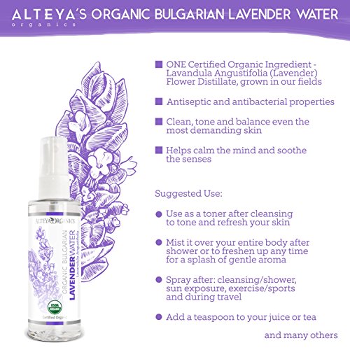 Alteya Organic Agua Floral de Lavanda 100 ml Spray – Antiséptico y Antiinflamatorio - Producto Orgánico con Certificado USDA, Destilado al Vapor de Flores de Lavandula Angustifolia Búlgara y Vendido por el Propio Cultivador y Destilador Alteya Organics