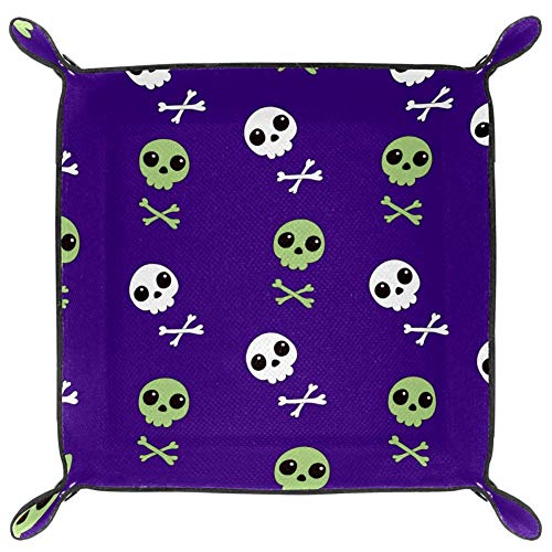 AMEILI Happy Halloween - Bandeja de piel sintética con diseño de calaveras y huesos, 2 unidades, para guardar dados de piel, organizador de joyas para hombres, llaves, monedero, caja de viaje