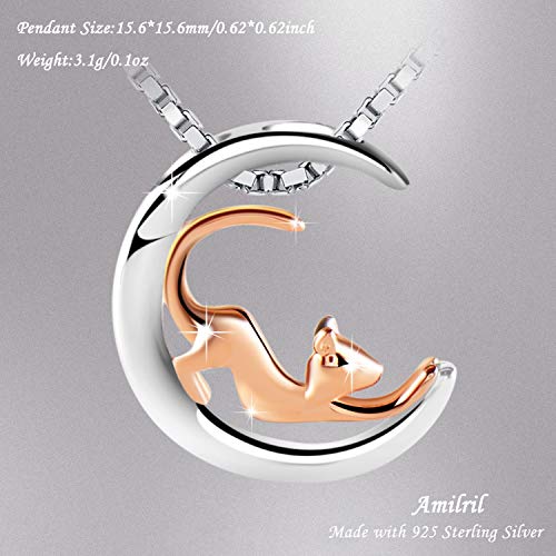 Amilril Collar, Colgante Luna y Gato, Plata de Ley 925 Moda Joyería, Regalos Navidad Originales