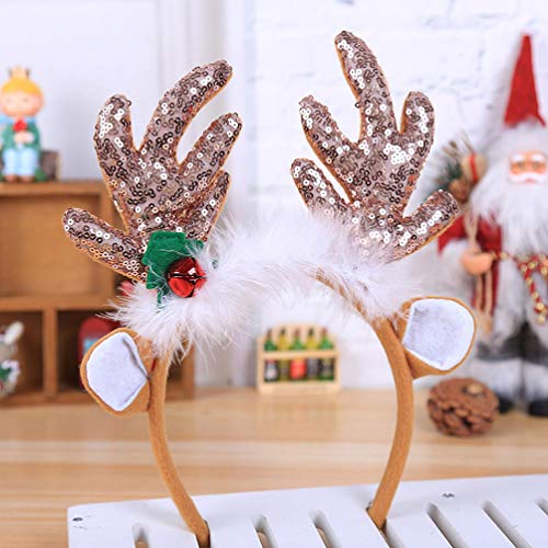 Amosfun Diadema de reno de Navidad con lentejuelas y plumas de animales para orejas de pelo de orejas de pelo para la cabeza, tocado para la celebración de Navidad, disfraz de cosplay (café)