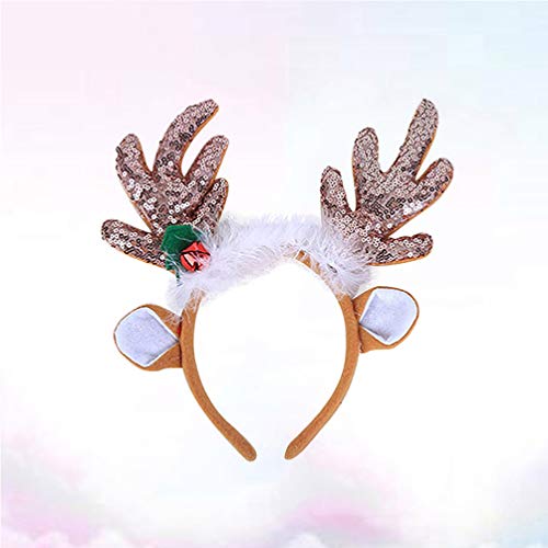 Amosfun Diadema de reno de Navidad con lentejuelas y plumas de animales para orejas de pelo de orejas de pelo para la cabeza, tocado para la celebración de Navidad, disfraz de cosplay (café)