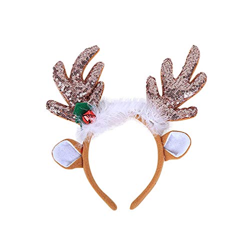 Amosfun Diadema de reno de Navidad con lentejuelas y plumas de animales para orejas de pelo de orejas de pelo para la cabeza, tocado para la celebración de Navidad, disfraz de cosplay (café)