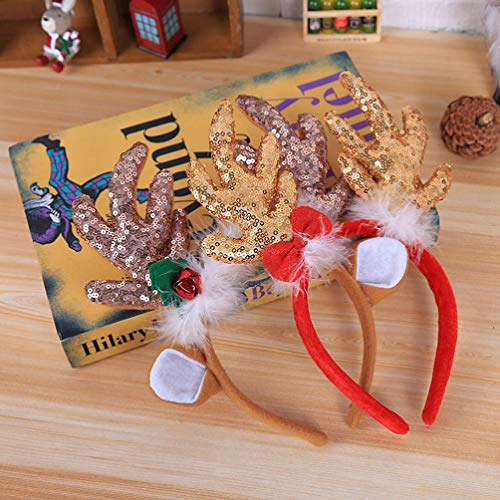 Amosfun Diadema de reno de Navidad con lentejuelas y plumas de animales para orejas de pelo de orejas de pelo para la cabeza, tocado para la celebración de Navidad, disfraz de cosplay (café)