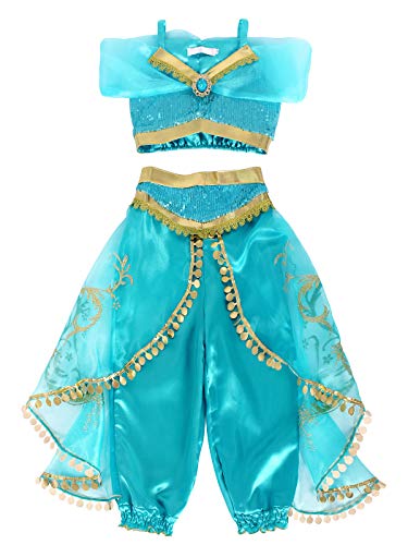 AmzBarley Niña Aladdin Princesa Disfraz Jazmín Tops Pantalones Traje Cosplay Actuación Carnaval Navidad Regalo Cumpleaños Danza Vientre