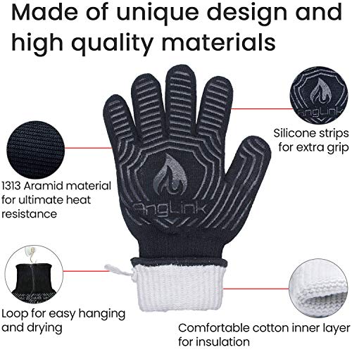 AngLink Guantes Barbacoa, Resistentes Al Calor Extremo hasta 800°C 1 Par Guantes de Cocina Antideslizante para Horno Microondas y Parrilla, Guantes para Cocinar Chimenea Hornear Asar 33cm