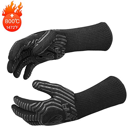 AngLink Guantes Barbacoa, Resistentes Al Calor Extremo hasta 800°C 1 Par Guantes de Cocina Antideslizante para Horno Microondas y Parrilla, Guantes para Cocinar Chimenea Hornear Asar 33cm