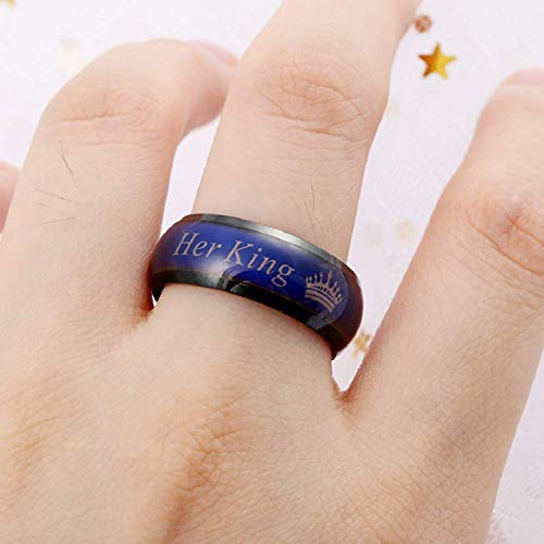 Anillo de Acero Inoxidable con Texto en Inglés Her King Her Queen Crown Emotional Change Color Temperature Feeling Promise Compromiso Boda Band