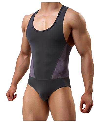 Arjen Kroos Hombre Maillot Leotardo Ropa Interior Deportiva Sexy Bodysuit Deportivo de Hombre para Gimnasia Danza Bañador Bodies Elásticos (Gris, M(76-81cm))