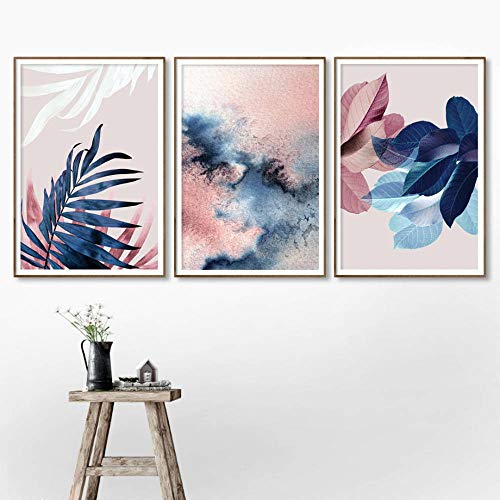 Arte de la Pared Pintura de la Lona Flor Rosada Azul Hojas Tropicales Abstractas nórdicas Carteles e Impresiones Imágenes de la Pared para la decoración de la Sala de Estar Sin marco-50x70cmX3