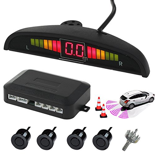 AUTOUTLET Retroceso Trasero Radar Aparcamiento Sensor Sistema DC 12V 4 Sensores Kit Audio Zumbador Alarma Pantalla LED, Cocar Coche Aparcamiento Kit con 4 Estacionamiento Sensores