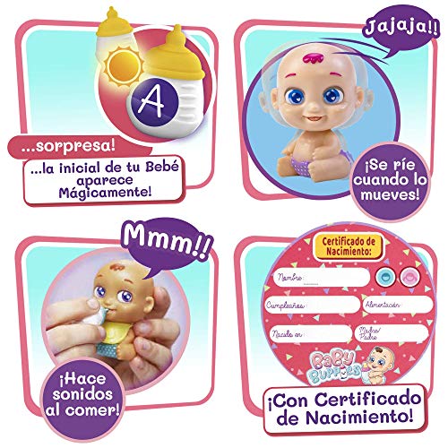 Baby Buppies Biberón Cuna mágico Sorpresa con complementos bebé muñeco, biberón, sonajero, chupete, babero, guía de cuidados y certificado de nacimiento juguetes niños 3 años