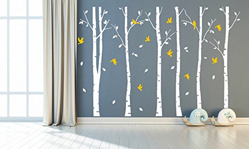 BDECOLL 6 Grandes árboles de Abedul con pájaros Vinilo de Pared Mural de Adhesivo para decoración de habitación,71" h x 110w (Blanco)