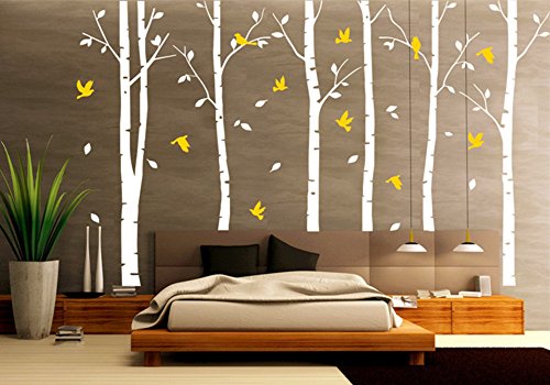 BDECOLL 6 Grandes árboles de Abedul con pájaros Vinilo de Pared Mural de Adhesivo para decoración de habitación,71" h x 110w (Blanco)