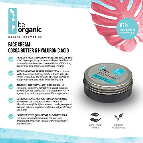 Be Organic - crema facial manteca de cacao y ácido hialurónico, 50 ml, crema hidratante natural para el día y la noche, 97% de ingredientes de origen natural, vegano, hipoalergénico