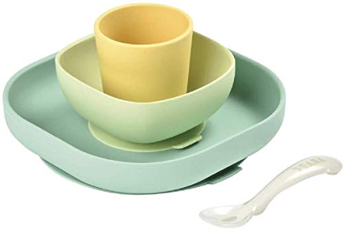 Béaba Vajilla de silicona con ventosa resistente, Completa con 4 piezas, Plato, bol, taza y cuchara de silicona de alta calidad con ventosa, Alimenta a tu bebé o hijo fácil