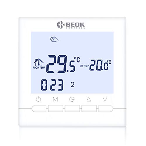 Beok BOT-313W 3A Termostato Programable Digital de Calefacción por Calderas de Gas,con Pantalla LCD Controlador de Temperatura de Luz de Fondo Blanco Funciona con Pilas