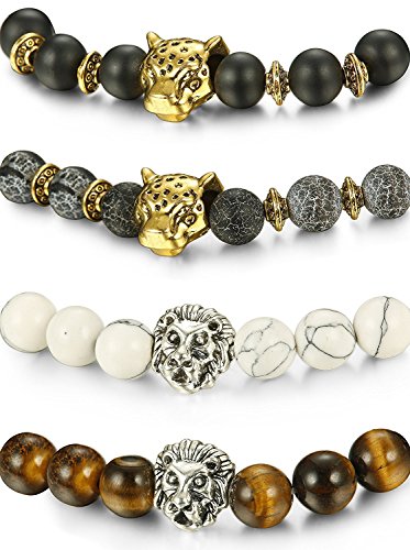 Besteel 4Piezas 8MM Cuentas Pulsera Piedra para Hombre León Leopardo Pulsera Bolas Ojo de Tigre Brazalete Punk, Elástico