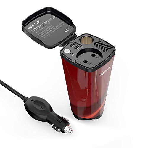 BESTEK Inversor De Corriente 200W 12V A 220V para Coche Cargador De Energía con 2 USB Puertos De 4.8A Y 1 Toma De Encendedor Mechero De Coche y 1 AC Enchufe, Copa De Café