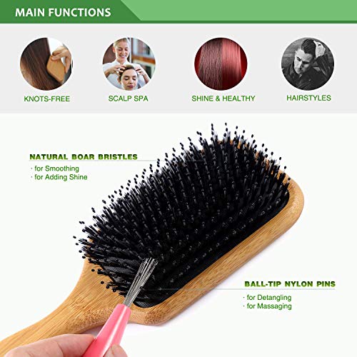 BESTOOL Jabalí de cerdas de madera de bambú masaje peine,nudo no electrostática comodo y durable gran Paddle hairbrush con bolsa de gas (Negro) (plaza)