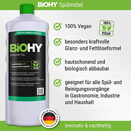 BiOHY Lavavajillas a mano (1 botella de 1 litro) | Libre de fosfatos | libre de químicos dañinos y biodegradables | Adecuado para la restauración, la industria y el hogar (Spülmittel)