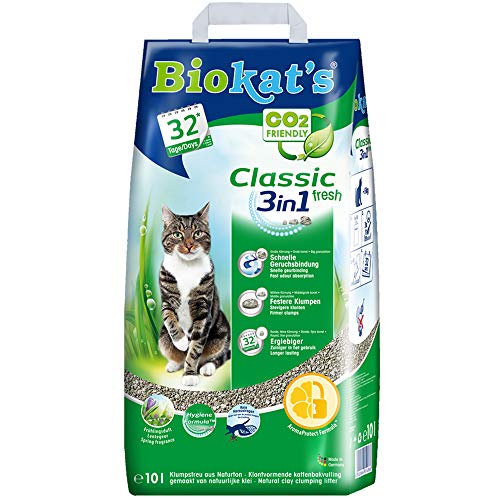 Biokat's Classic Fresh 3in1, arena para gatos con fragancia primavera – Arena aglomerante para gatos: de alta calidad y con 3 tamaños diferentes de grano – 1 bolsa de papel (1 x 10 l)