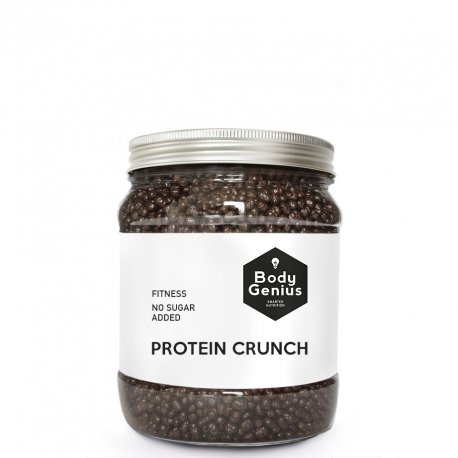 BODY GENIUS Protein Crunch (Chocolate Negro). 500g. Cereales Proteicos. Bolitas de Proteína Recubiertas de Chocolate Sin Azúcar. Bajo en Hidratos. Snack Fitness. Hecho en España.