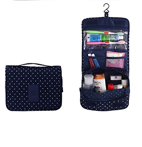 Bolsa de aseo / Organizador especialmente concebido para los viajes, el maquillaje y artículos de higiene personal - tamaño L (de lunares / Azul oscuro)