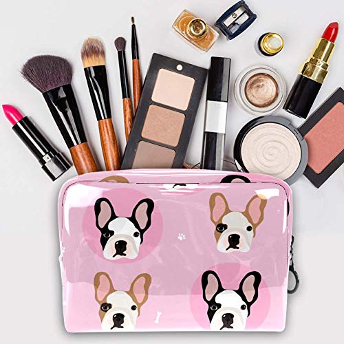 Bolsa de maquillaje de PVC portátil de viaje, bolsa de aseo – Funda impermeable de viaje, neceser de aseo de viaje, neceser de 7,3 x 3 x 5,1 pulgadas, bulldogs franceses rosa