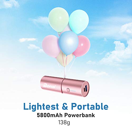 BONAI Power Bank Mini 5800mAh Bateria Externa iPhone Carga Rapida Batería Externa para iPhone 7/8/6/6s,Samsung,Xiaomi,Huawei,Tablets y más Dispositivos-Rosa