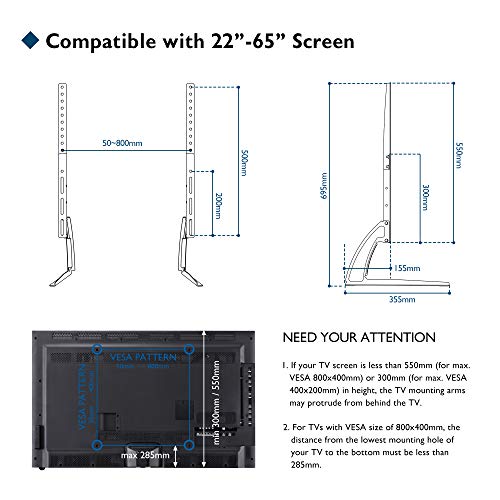 BONTEC Soporte TV de Pie Peanas para TV Patas TV 22-65 Pulgadas LED/LCD/Plasma/Curva/Plana, Soporte Pie Televisores Carga Máx. 50 kg - máximo VESA 800x400 mm