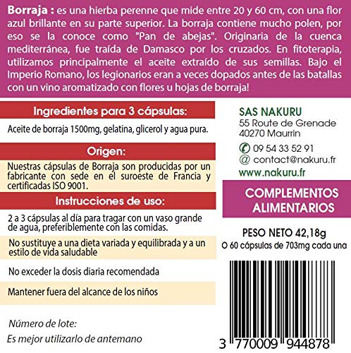 Borraja / 60 cápsulas de 703mg / NAKURU Beauty/Analizado y envasado en Francia /"El Pan de Abejas!"