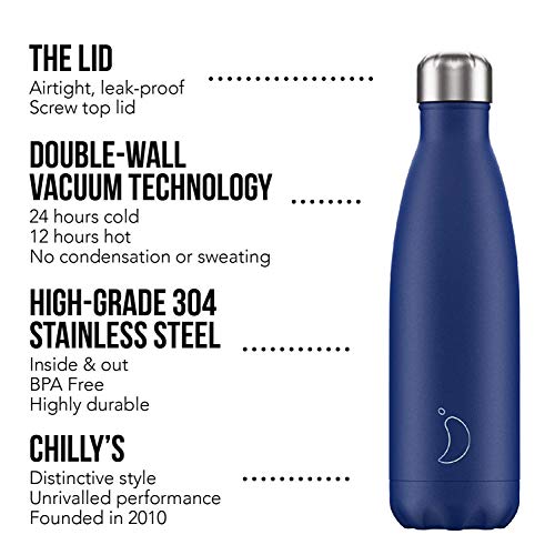 Botella De Agua De Chilly's | Acero Inoxidable y Reutilizable | Prueba de Fugas, Libre de transpiración | Azul Mate | 500ml