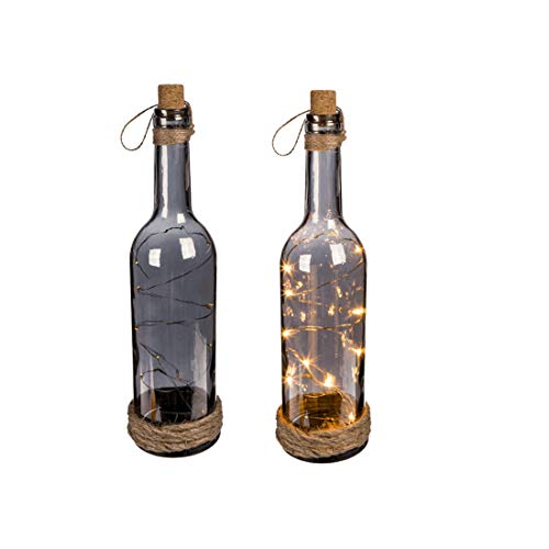 Botella de Cristal Ahumado con 10 Luces LED Blancas, tapón de Corcho & Cinta de Yute