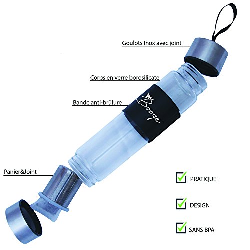 Botella de Infusion booge Sonora | botella de cristal hermético con infusor para té y fruta 450 ml | práctico y Design, Cette botella se transporte AU escritorio, a la escuela, AU Sport, en viaje.