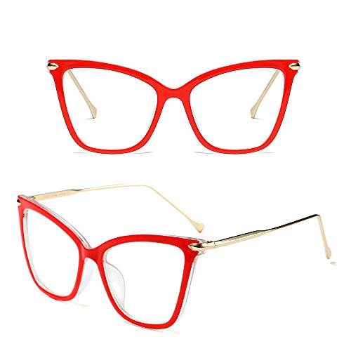 BOZEVON Moda Retro Fiesta Ojo de Gato Gafas Mujer Oversize Transparente Clásico Gafas de Sol, Rojo/Transparente