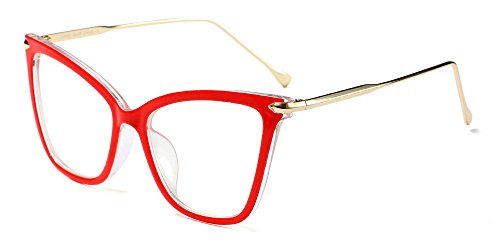 BOZEVON Moda Retro Fiesta Ojo de Gato Gafas Mujer Oversize Transparente Clásico Gafas de Sol, Rojo/Transparente