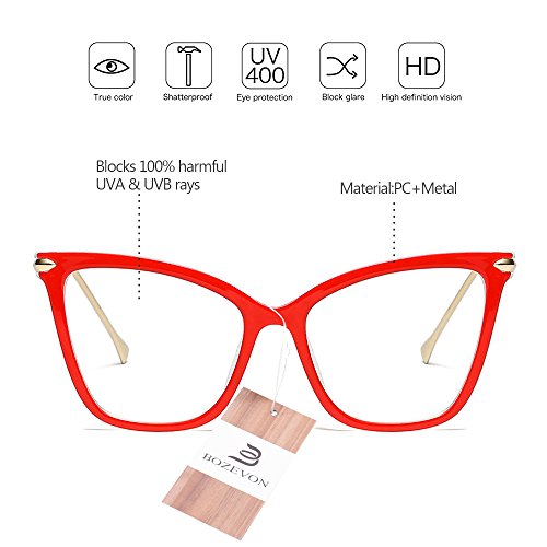 BOZEVON Moda Retro Fiesta Ojo de Gato Gafas Mujer Oversize Transparente Clásico Gafas de Sol, Rojo/Transparente